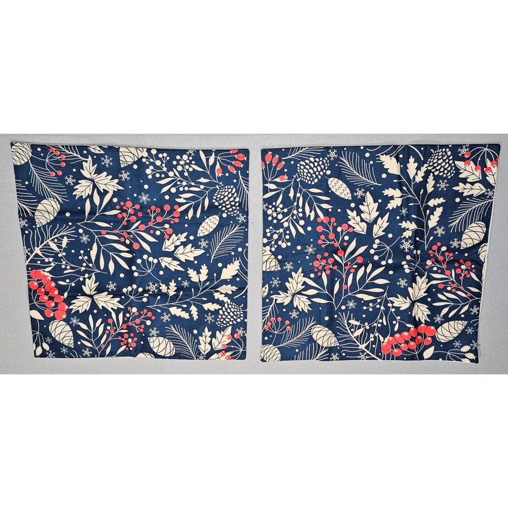 Christmas Pillow Covers 24x24 Set of 2 Navy Red Berries Pine Cones Winter